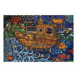 Steampunk 3D Tugboat Tapestry ~ Complete w/Corner Loops ~ 30" x 45" ~ Brand New!
